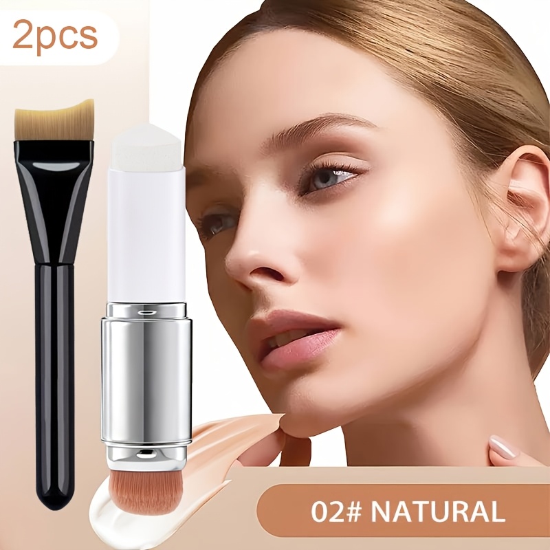 3pcs/2pcs-[2-in-1 Foundation Stick, With A Crescent-shaped Flat Foundation Brush],2-in-1 Triangular Color Changing Foundation , Medium-full Matte Coverage, Dual Head, Smooth Texture, Natural Look