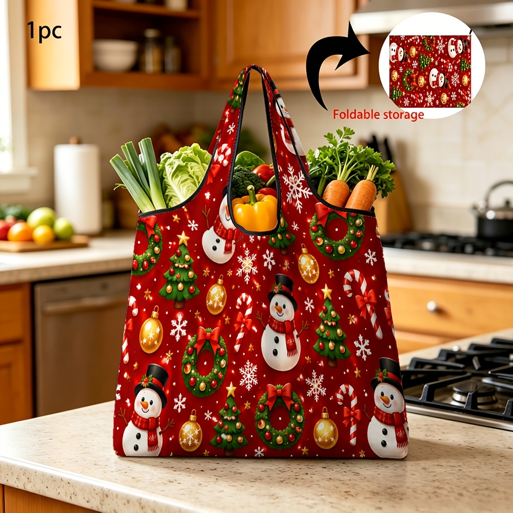 TEMU 1pc Reusable Grocery Bags With Christmas Snowman Christmas Tree Wreath Print Foldable Shopping Bag For Daily Use