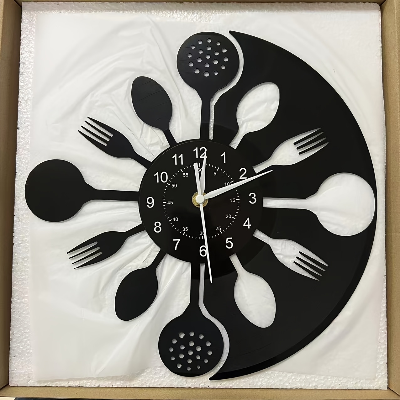 Image of Silent Mechanical Vinyl Record Wall Clock - Vintage Kitchen Utensil Design With Hands, Decor For Living Room, Bedroom, Kitchen - Unique Gift For Christmas, Birthday, New Year, Creative Style | Clear
