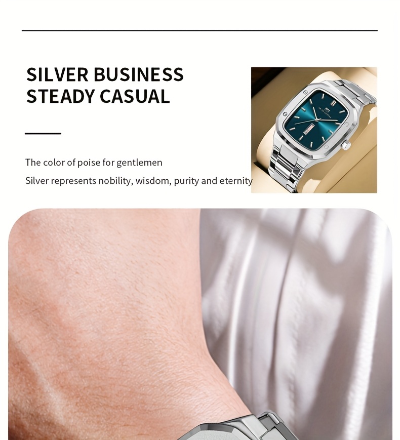 1pc luxury mens quartz watch   dial stainless steel strap blue silvery   clock casual business original movement dual calendar timing week for man industrial style   watches details 8
