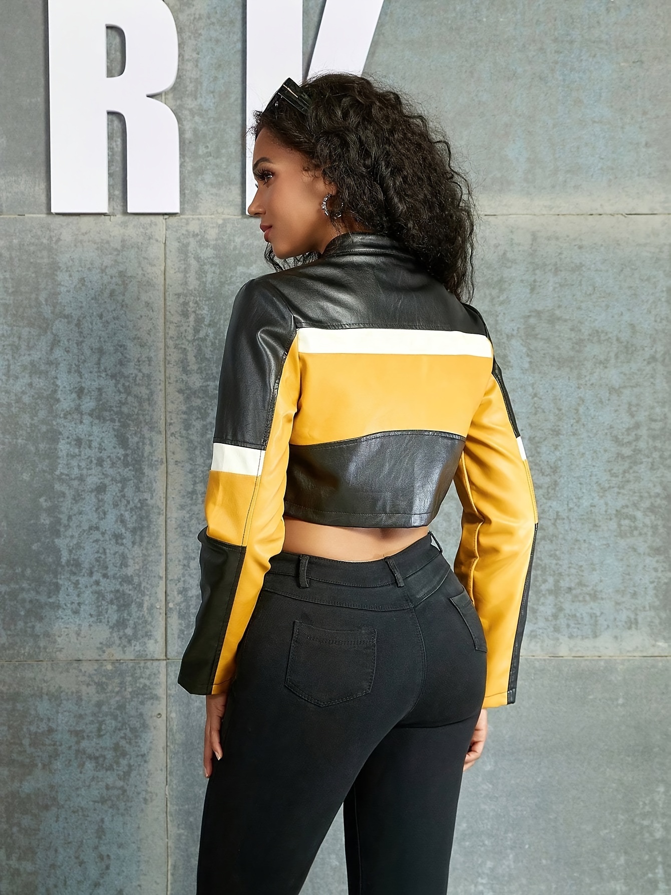 color block zipper crop jacke vintage langarm kunstleder Temu