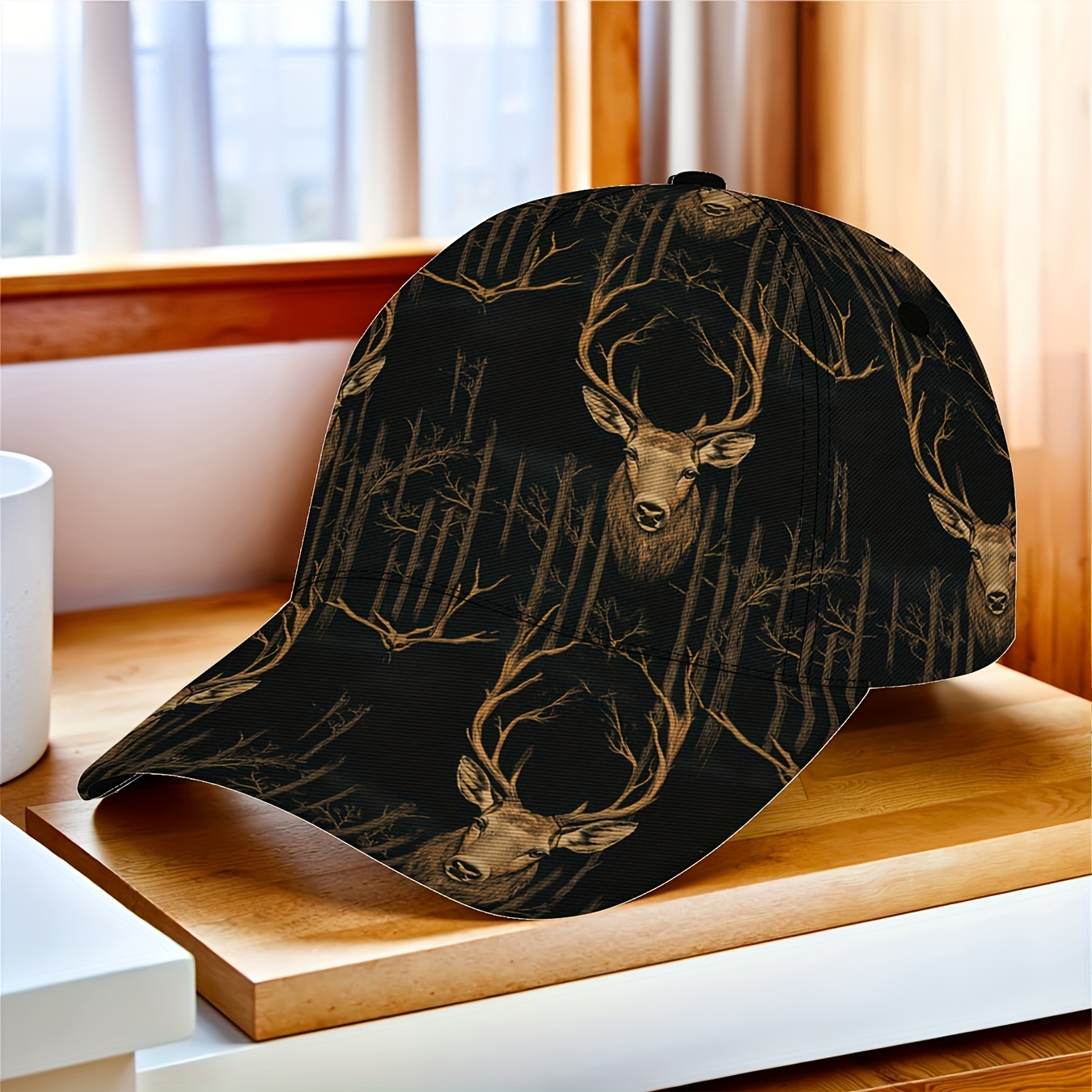 TEMU 1pc Men's & Women's Adjustable Deer Head Etching - Lightweight Foldable Hunting Hat With Full-body Stag Antler & Forest Print, Machine Washable