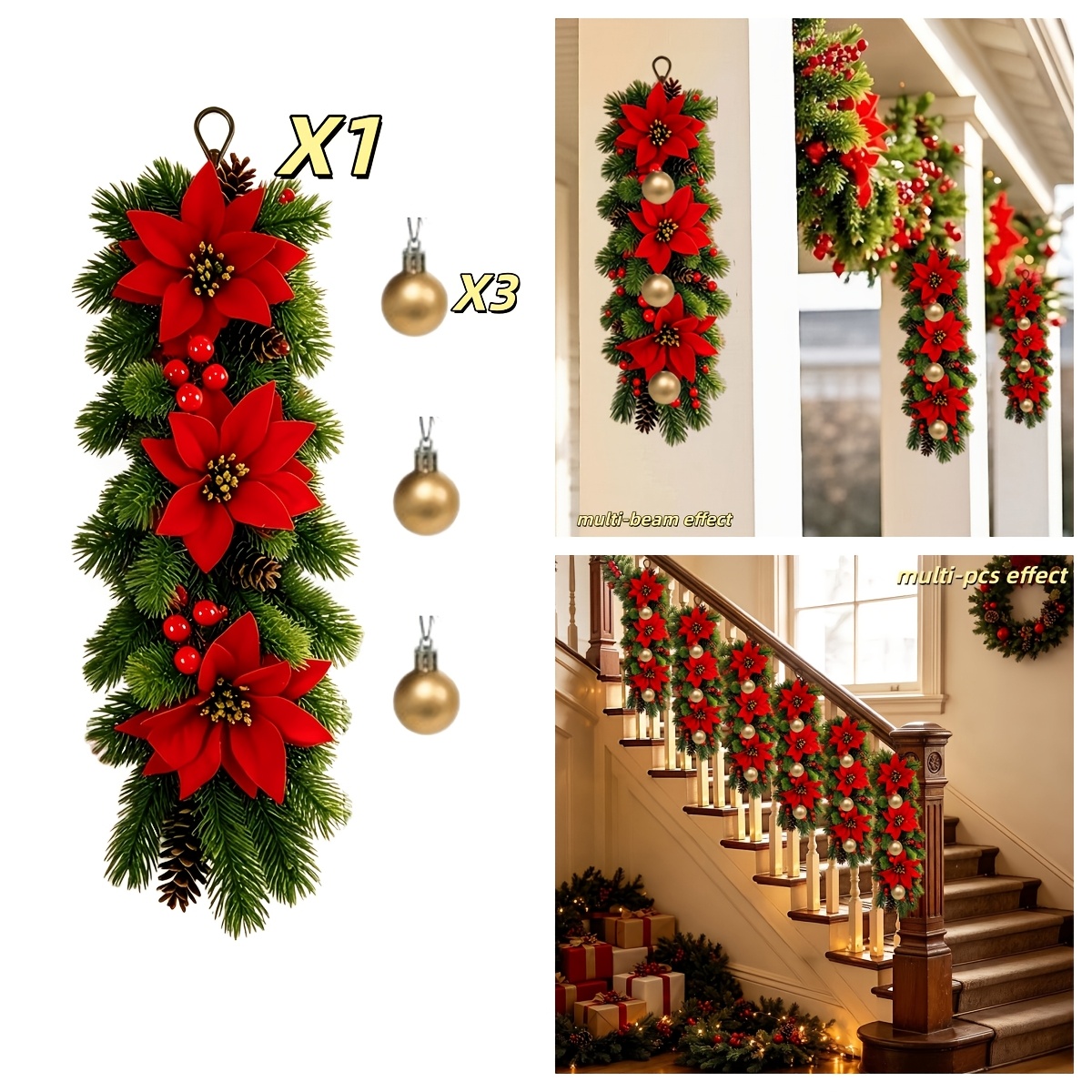 TEMU 4pcs Set: 1 Christmas Wall Hanging   3 Christmas Ornaments. Artificial Poinsettia Christmas Faux Flower, Festive Atmosphere Artificial Pine