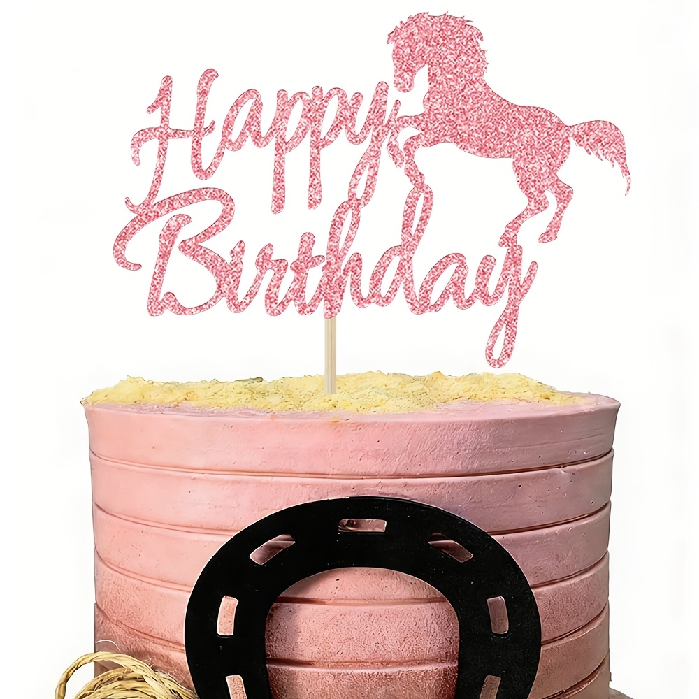 Image of 1pc Rose Golden Glitter Happy Birthday Horse Cake Pick, Western Cowboy Cowgirl Equestrian Horse Racing Cake Decorations For Horse Lover Men Women Birthday Party Supplies
