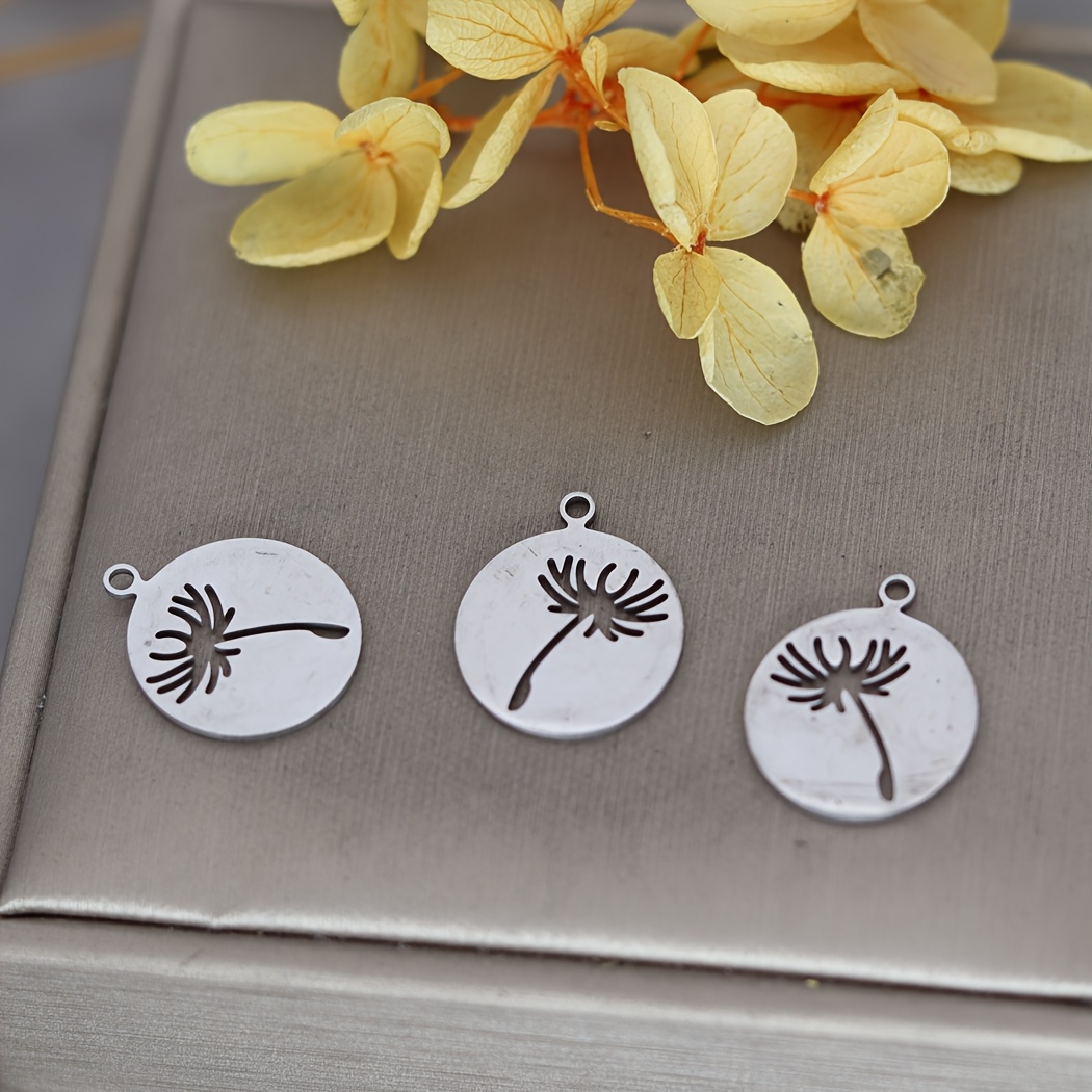 Image of 3pcs Dandelion Hollow Charm For Jewelry Making Diy Craft Earrings Necklace Tiny Round Stainless Steel Pendant Accessories