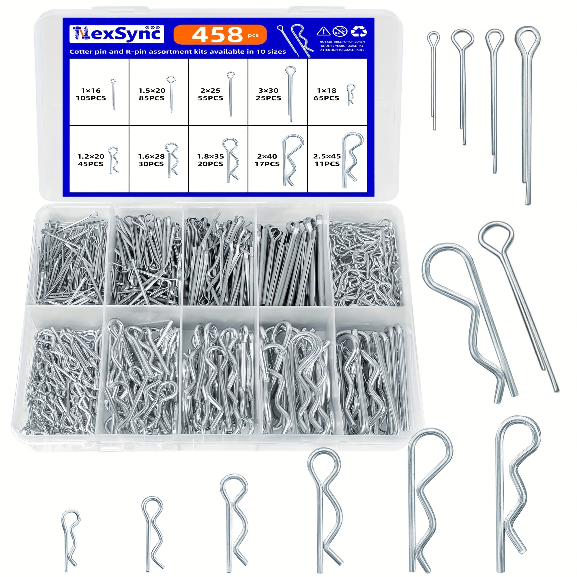 

Nexsync 458-piece Cotter Pin Assortment Kit - Zinc Plated Steel, Multiple Sizes For Home & Car Use