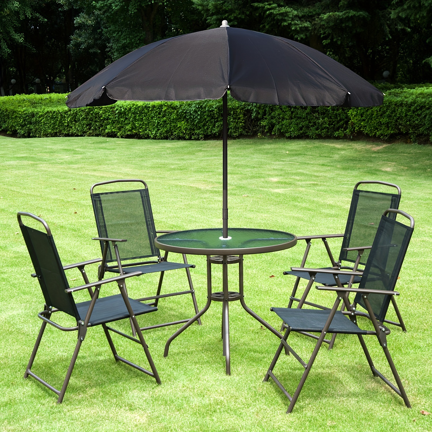 

Outsunny 6 Piece Patio Dining Set For 4 With Umbrella, Outdoor Table And Chairs With 4 Folding Dining Chairs & Round Glass Table For Garden, Backyard And Poolside, Black