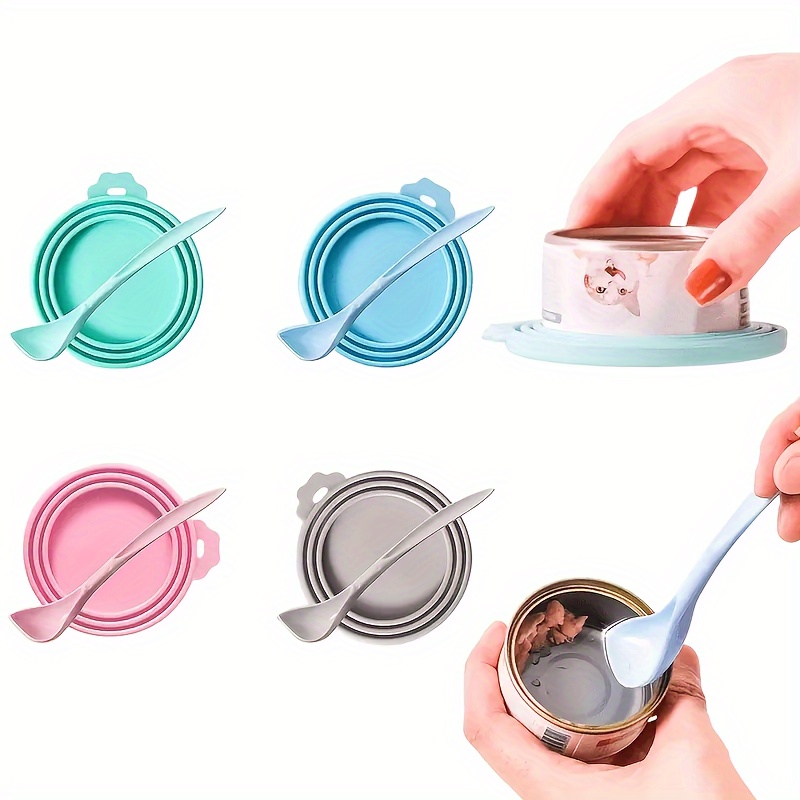 Random Assorted Color Silicone Pet Food Can Lids With Spoons - Round, For Food Freshness And Sealing