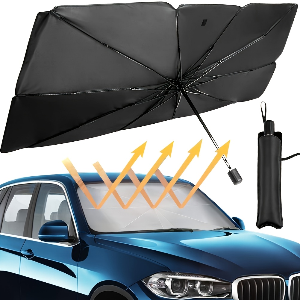 Image of Foldable Windshield Sunshade Umbrella For Cars - Uv Protection, Manual Open/close, 10-rib Design, Black, Compact & Portable For Suvs And Vehicles, Vehicle | Sleek Auto Accessory | Portable