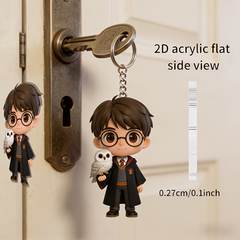 E-shop 2D Flacher Harry Potter und Hedwig Serie 2D Flacher Schlüsselanhänger, Niedliches Cartoon-Design von Harry Potter mit Hedwig auf seiner Hand,