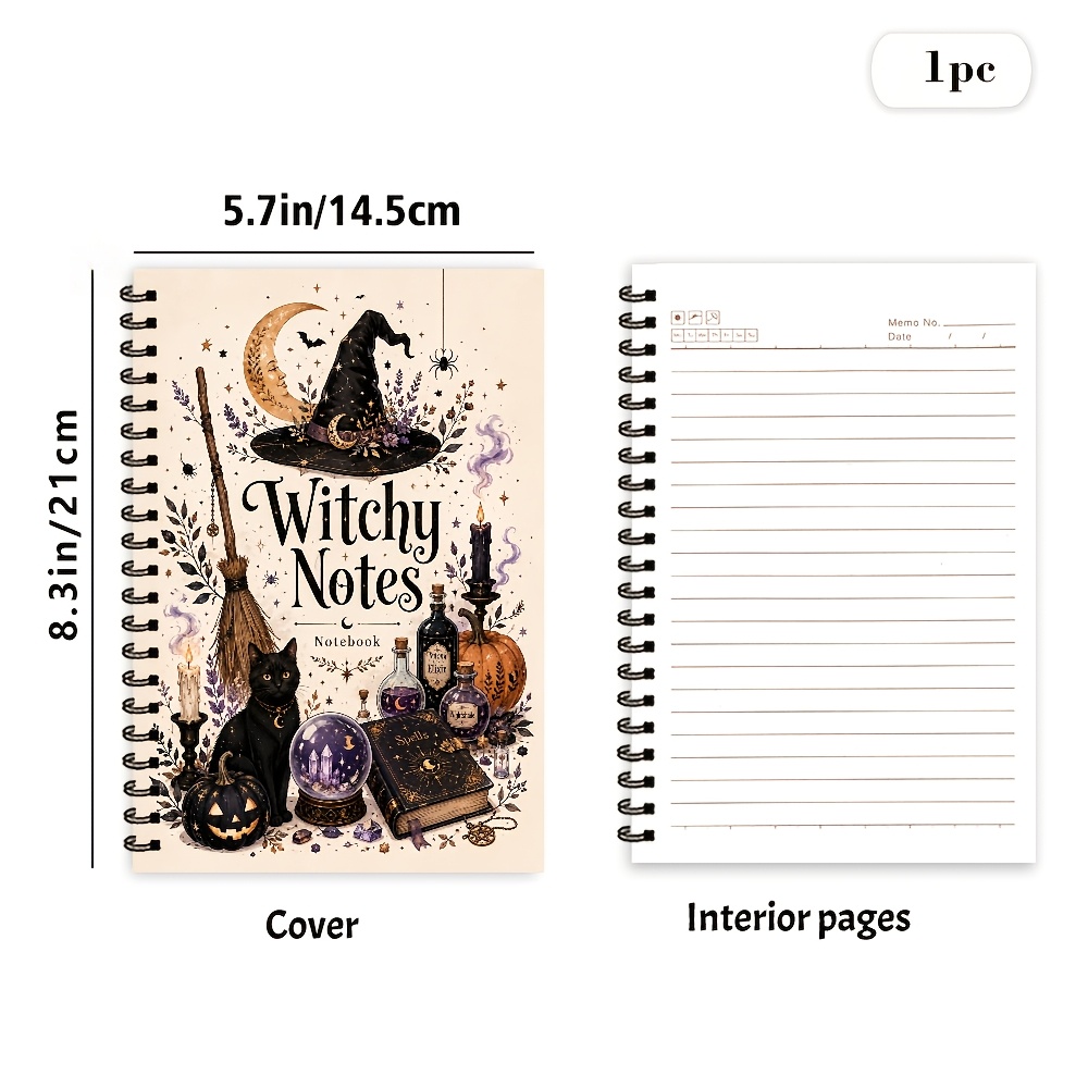TEMU Witchy Notes Mystical Cover With Black Cat, Witch Hat, Broom, Crystal Ball, Spell Book, Potion Bottles, Candles, Pumpkins, And Lavender Accents,