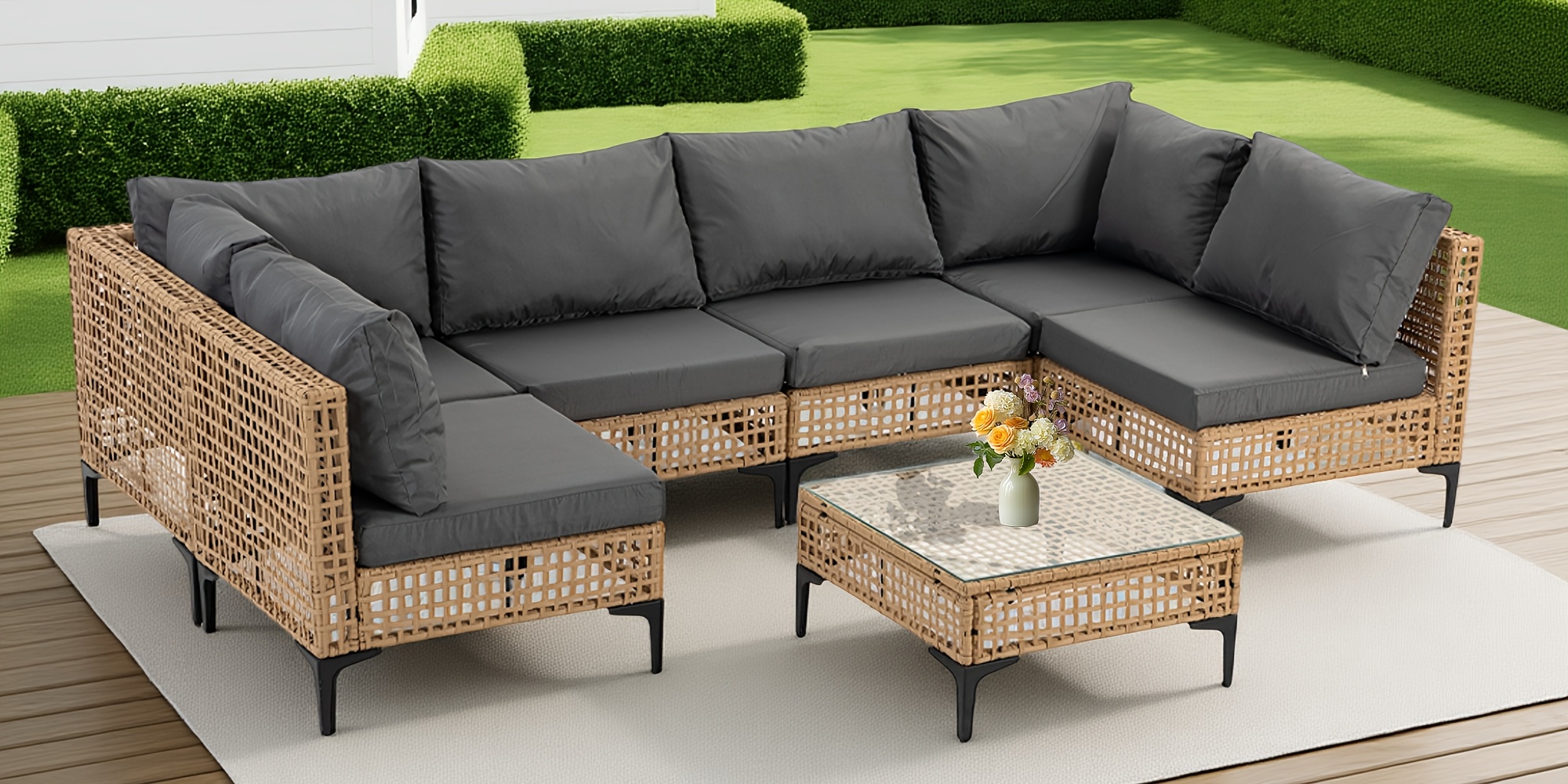 WENTUM 7pcs Outdoor Sectional Sofa Set, Boho Wicker Rattan Patio Furniture with Cushions And Table for Patio, Lawn, Backyard, Porch