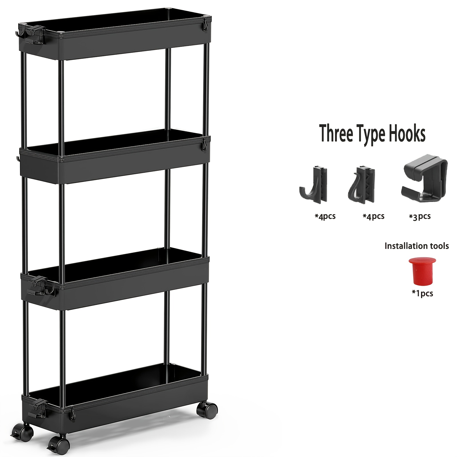 TEMU 3/4 Tier Standing Shelf Units Multifunctional Durable Plastic, Drawer-integrated, Lockable Wheels Equipped With Cup Holders & Hooks, Easy
