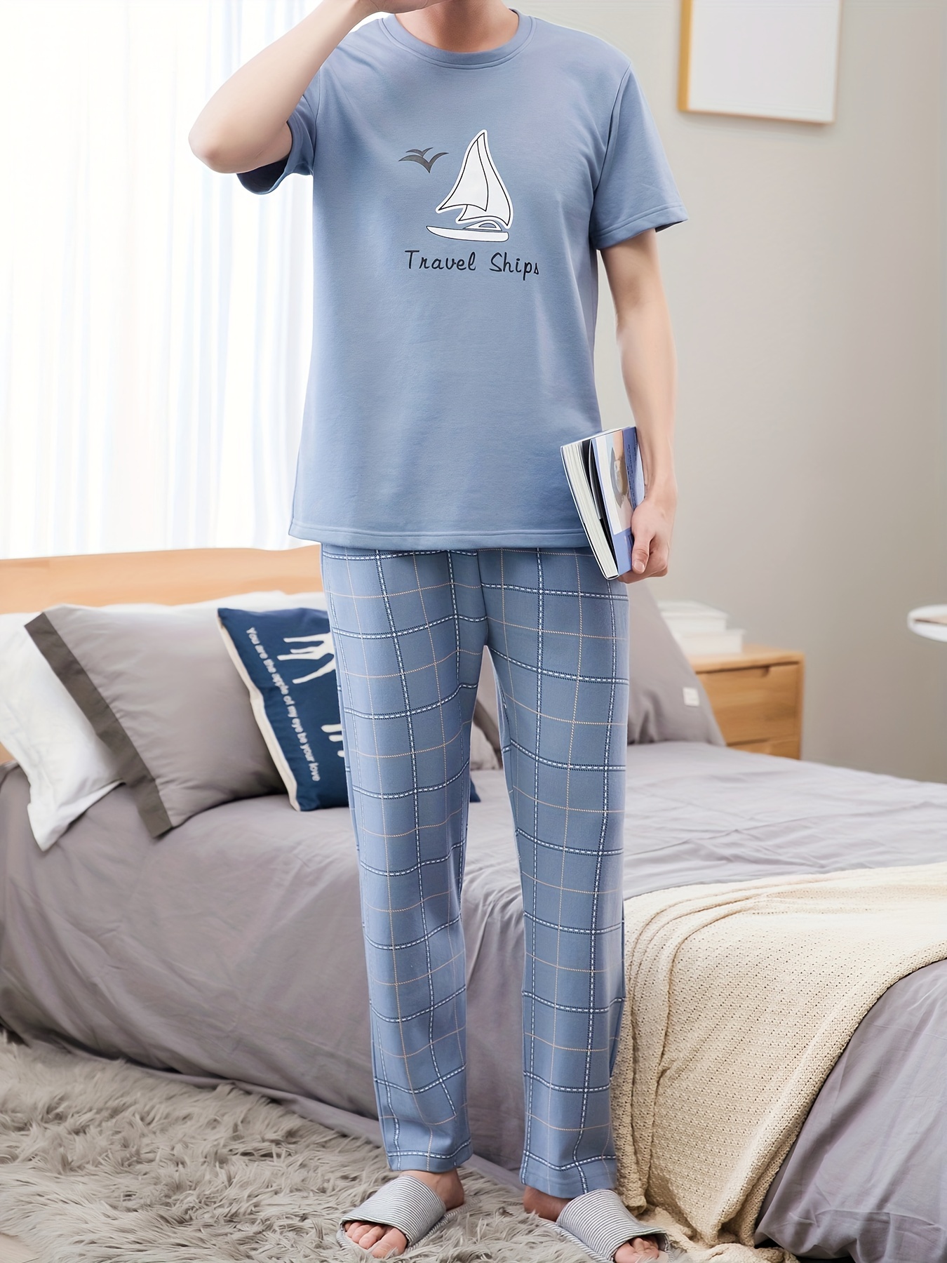Men's Summer Cotton Pajama Set - Casual & Comfy Short Sleeve Tee with Long Pants, Breathable Lightweight Sleepwear