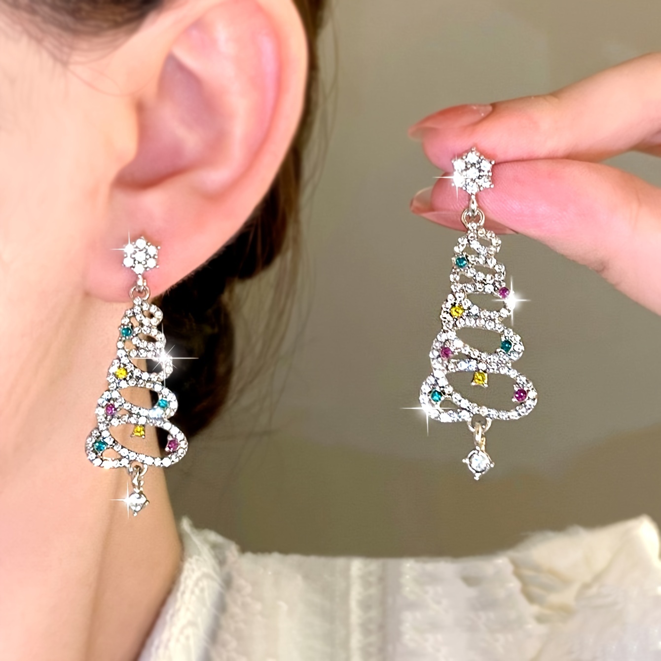 

Vintage-inspired Colorful Rhinestone Christmas Tree Dangle Earrings, Elegant Alloy With 925 Sterling Silver Ear Needle, Versatile Fashion Accessory For Women, Suitable For And Party Celebrations