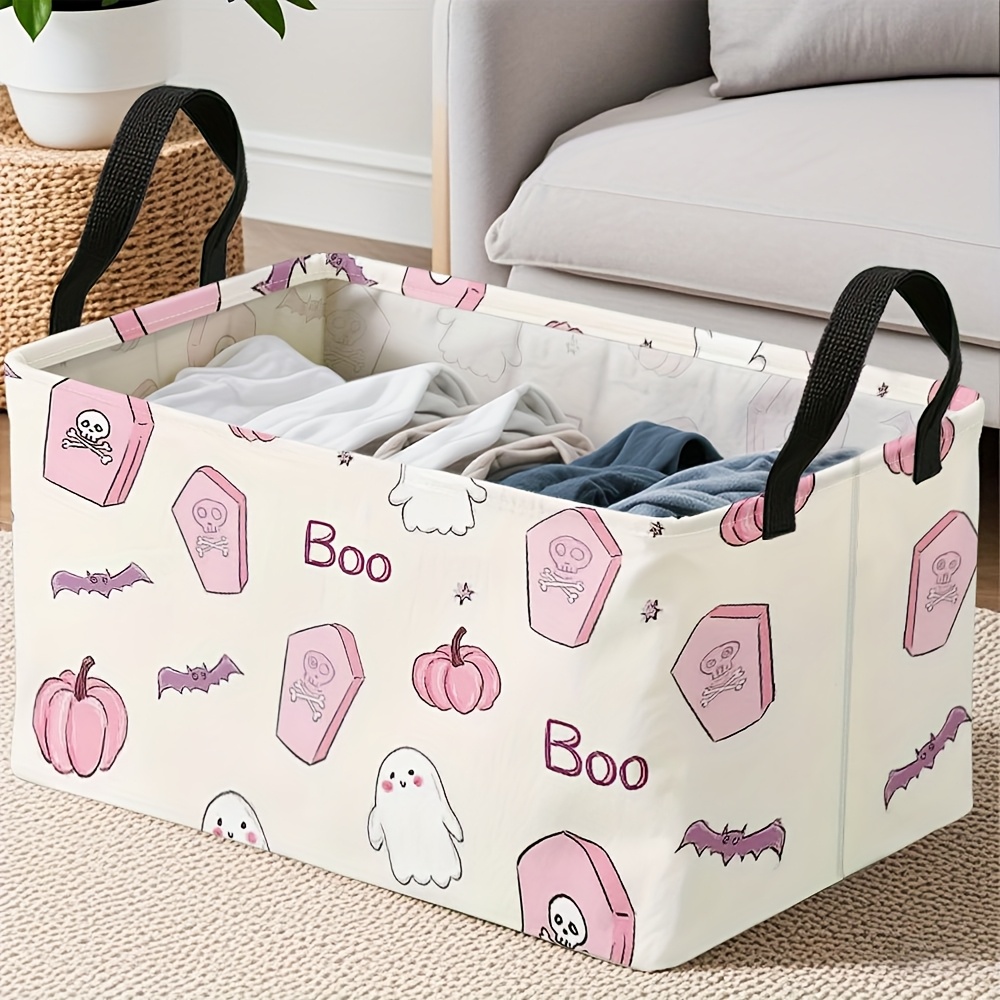 TEMU 1pc, Extra Large Foldable Oxford Fabric Storage Basket With Pink Halloween Pattern, Square Open Storage Bins For Halloween Seasonal Crafts, Fall