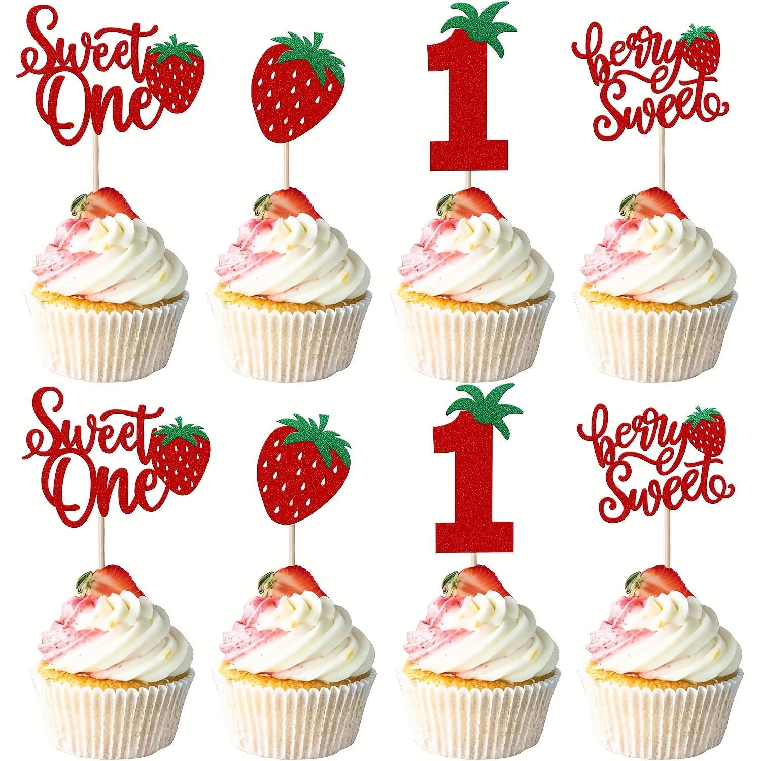 Image of 12pcs Glitter Strawberry Cupcake Toppers, Durable Cupcake Picks With Red Ribbon For Princess Theme Parties, No , Strawberry Cupcake Toppers, Party Decorations, Princess Theme Party, Cupcake Toppers