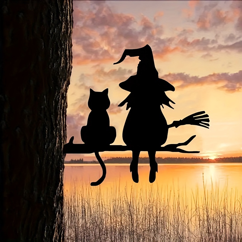 

1pc, Artistic Decoration Of A Metal Silhouette Of A Cute Witch And Cat Sitting On Tree Branches In A Garden Yard, Perfect For Garden Festival Decoration.