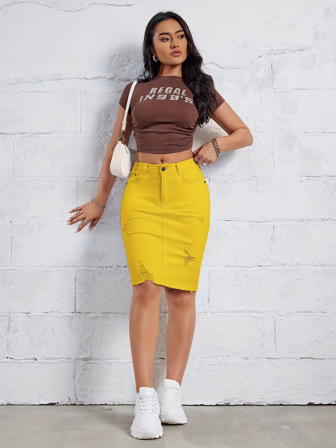 Yellow Top Yellow Distressed Denim Skirt Yellow Skirt Outfit