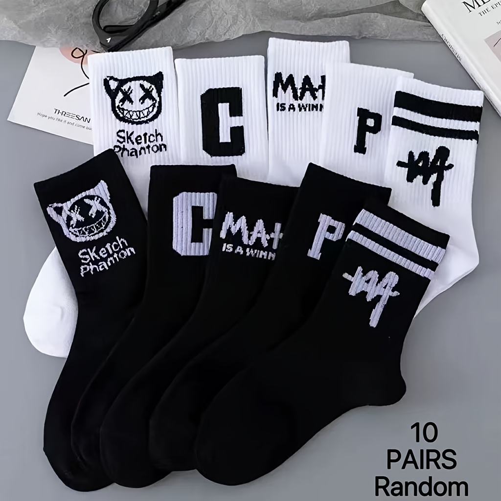 TEMU 10 Pairs Of Autumn And Winter Black And White Random Styles Mid Tube Socks For Spring And Summer Ins Black And White Breathable Letter Sports