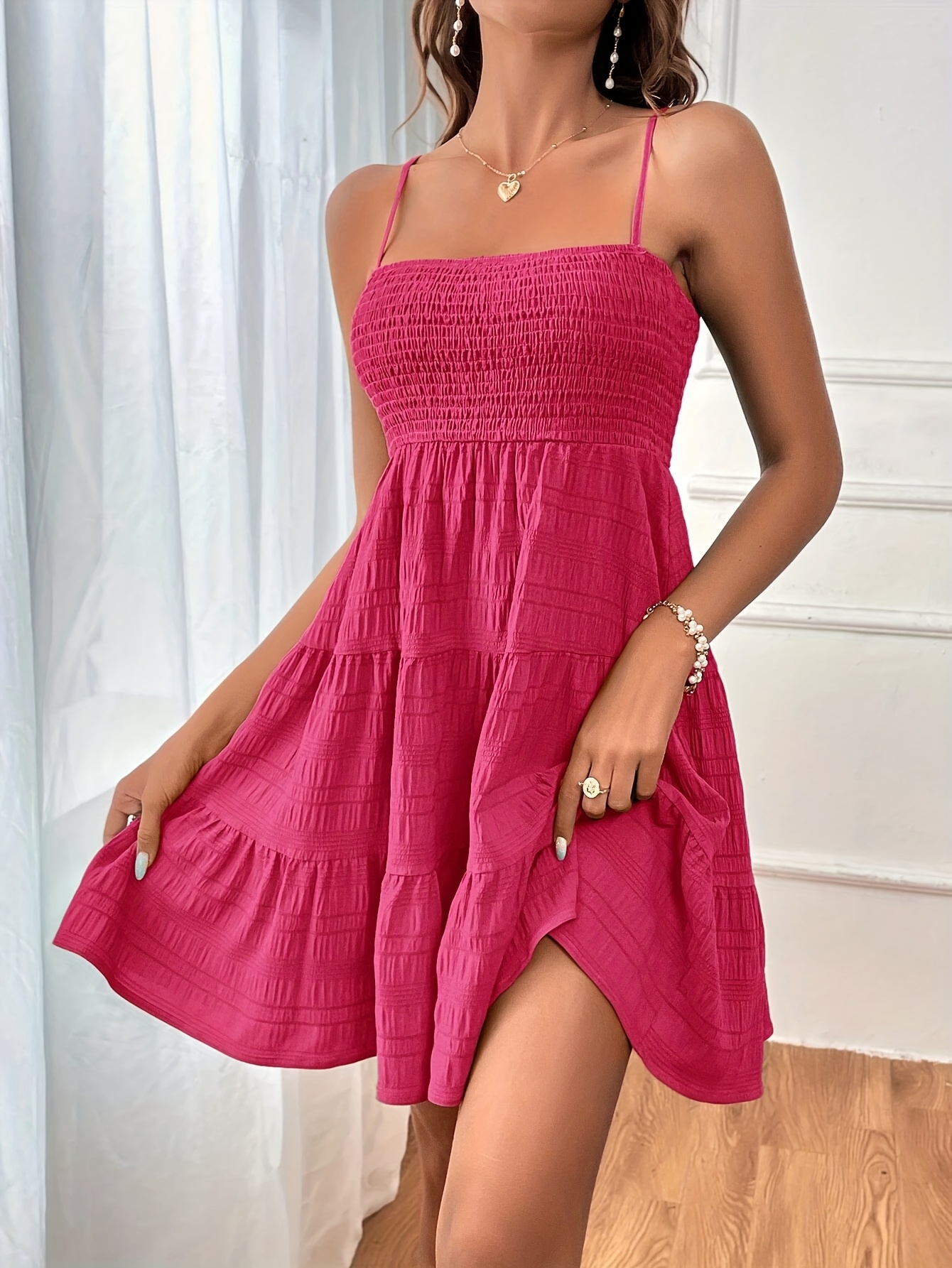 womens solid color layered hem spaghetti strap dress women's - Temu