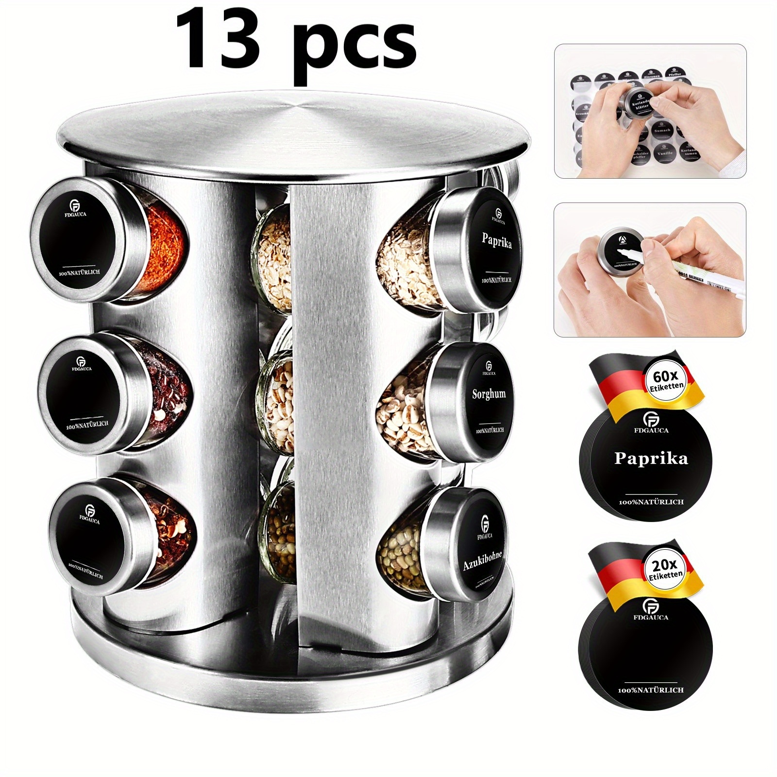 Image of A Set Of 13pcs (1 Stainless Steel Spice Rack + 12 Seasoning Jars), Rotatable, , Dishwasher Safe, Silvery, Is Home