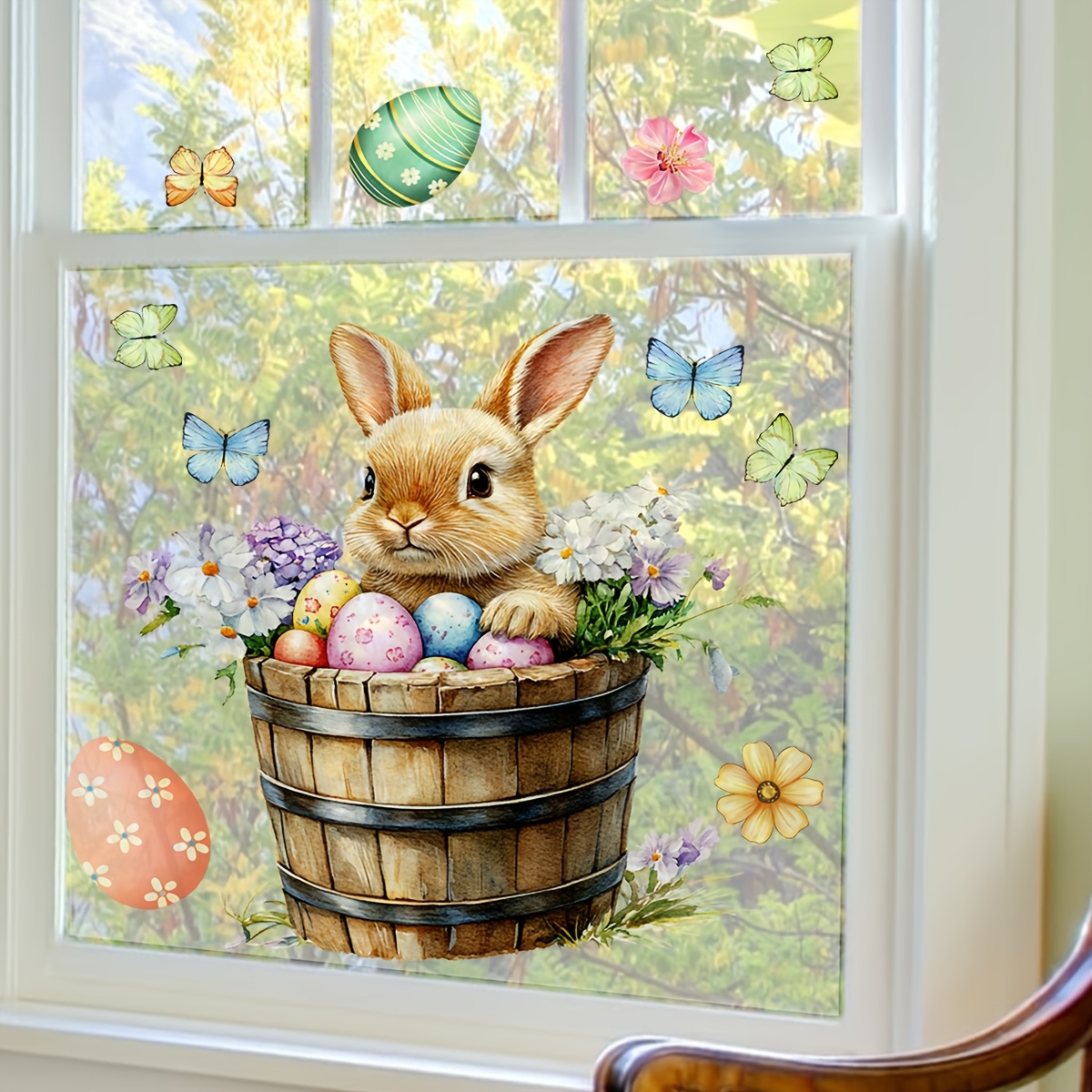 

1pc Contemporary Easter Bunny And Eggs Window Cling, Transparent Glass Decal With Floral And , 30x30cm, Non-adhesive Wall Decoration For Holiday Decor