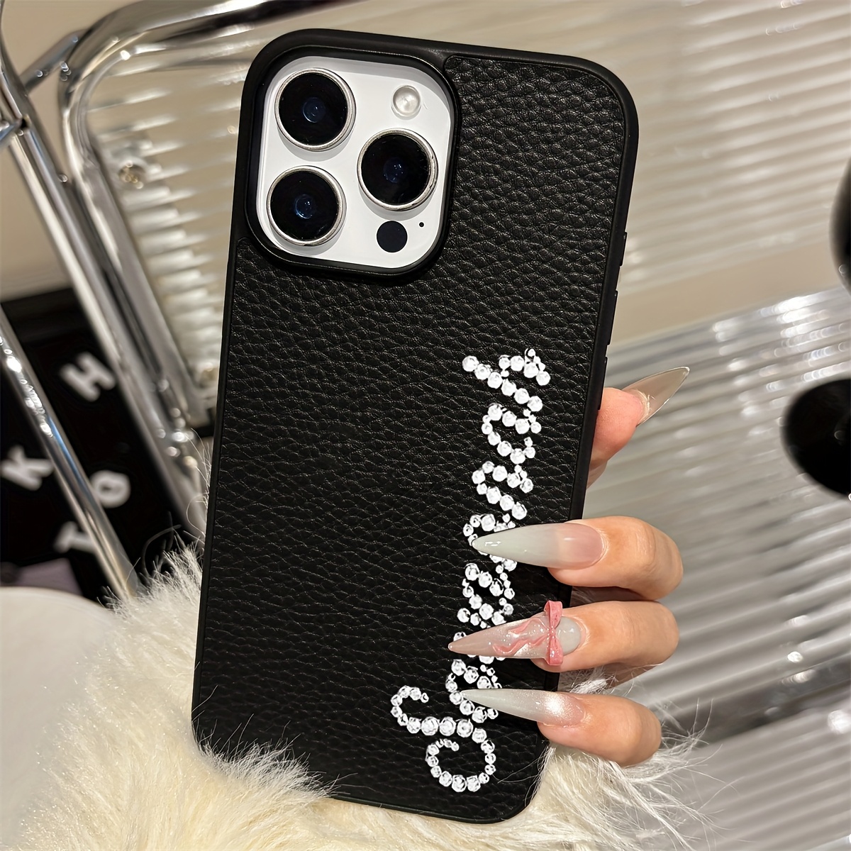 TEMU Phone Case - Personalized Rhinestone Name Lychee Pattern Faux Leather Customized Cute Bling Phone Case For Iphone 16 15 14 13 12 11 Pro Max Plus