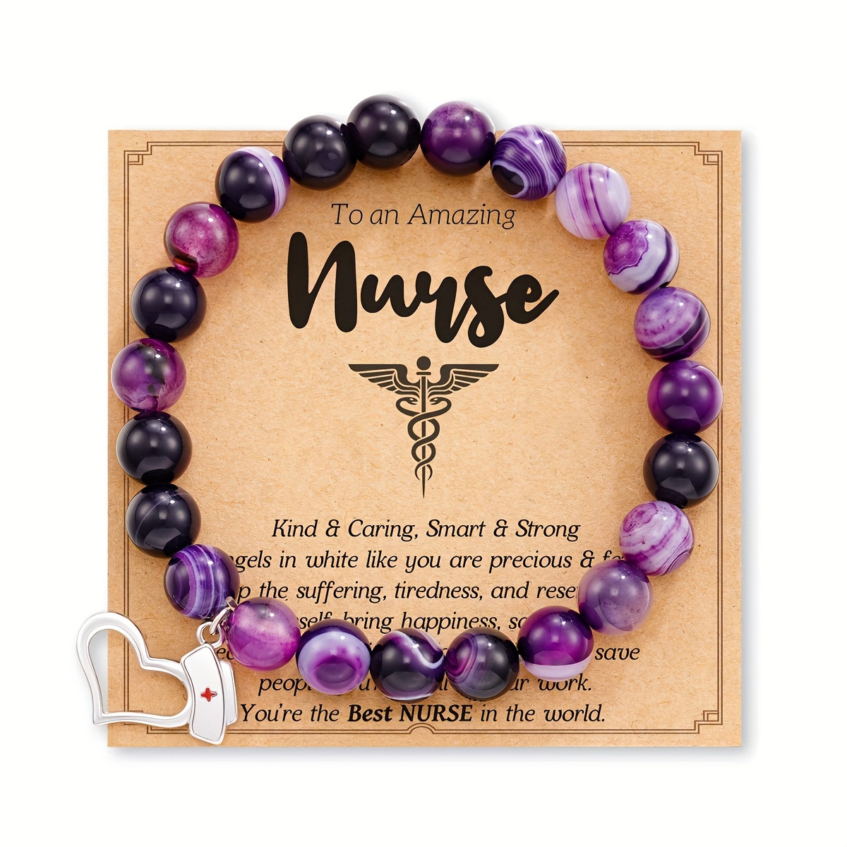 

Tiny Hollow Heart Nurse Hat Pendant Bracelet With Pink Purple Natural Beads Design Elegant Leisure Style Special Gifts For Nurse's Day