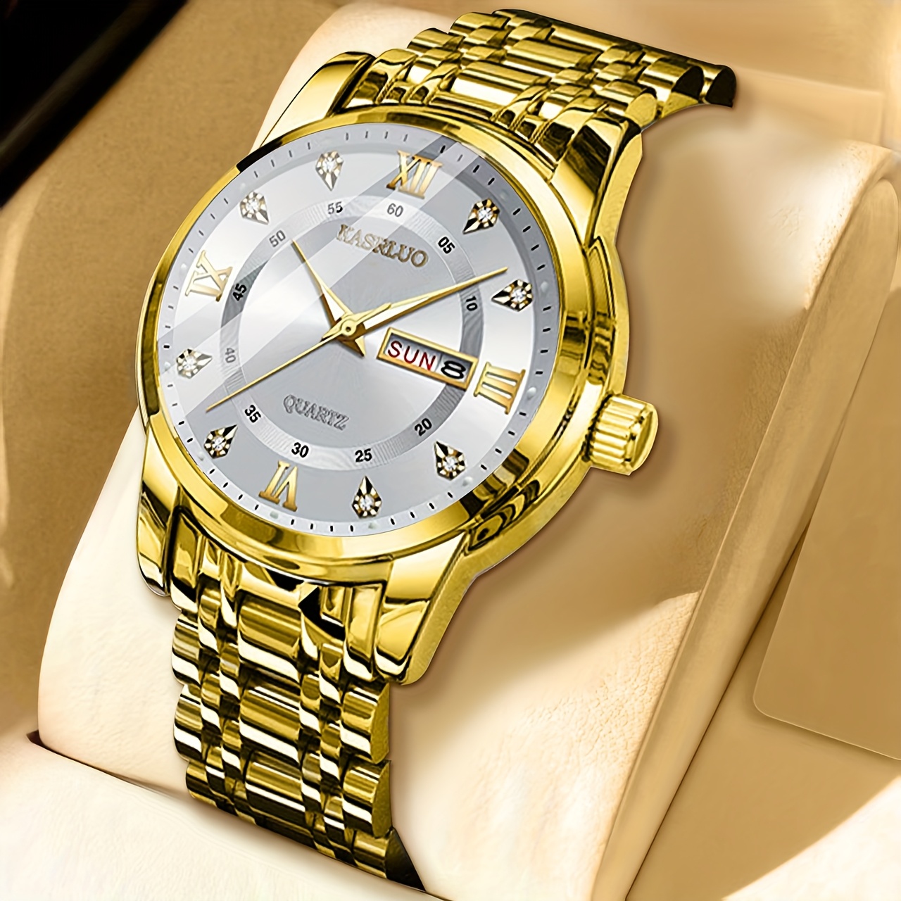Een nieuwe KASRLUO merk quartz horloge met Romeinse cijfers en roestvrijstalen band, geschikt voor zowel mannen als vrouwen. Dit waterdichte uurwerk is een stijlvol en luxueus cadeau, met nauwkeurige tijdweergave en een automatische multifunctionele kalender.