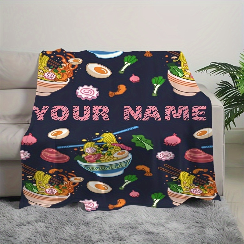 

Custom Name Fun Ramen & Pink Donut Food Blanket - Soft Flannel, Throw For Bedroom Decor, Travel & Picnic - Hypoallergenic, Dessert, Sweet Treats, Girls' Decor