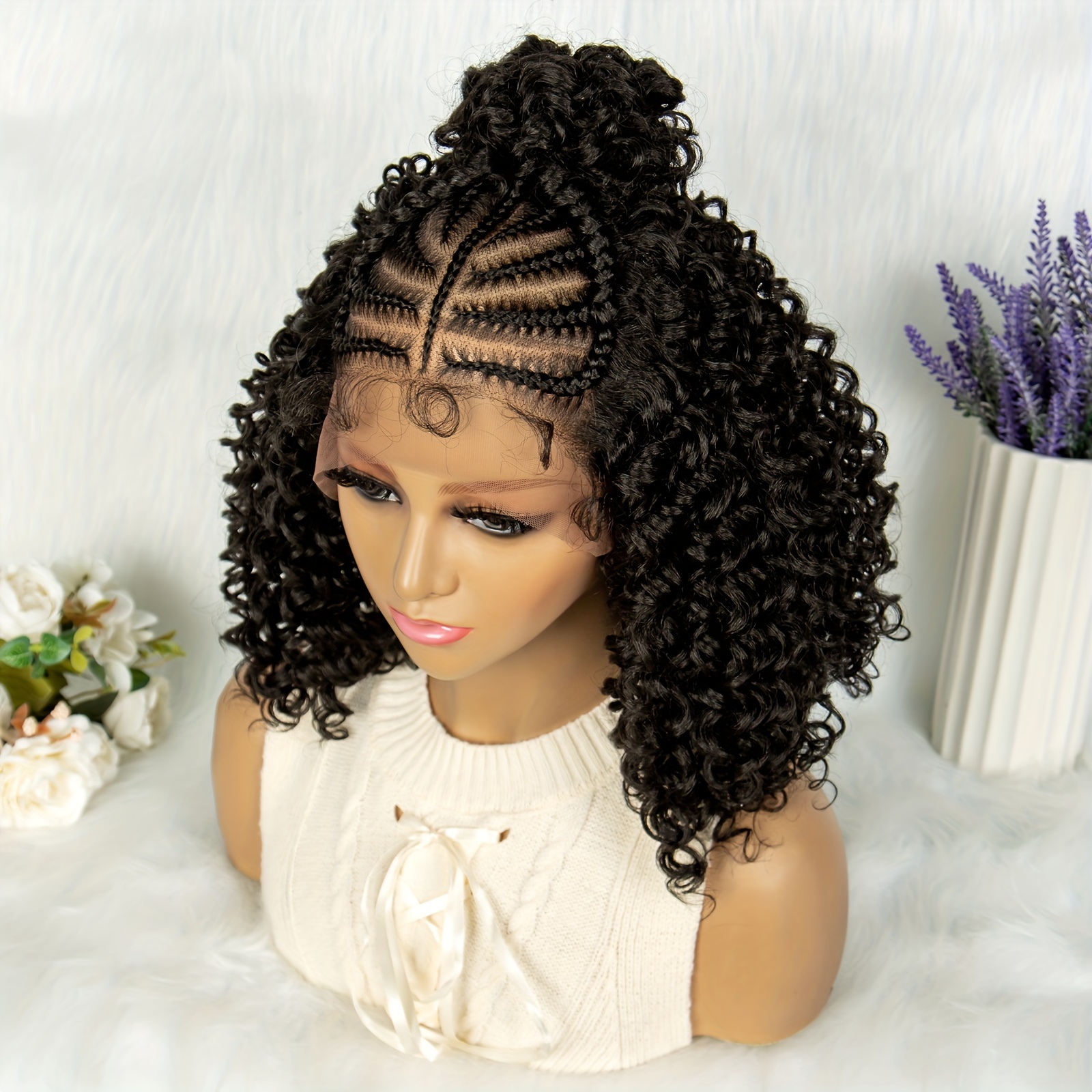 13x4 Lace Half Braided Curly Wavy Wigs Women Cornrow Braided