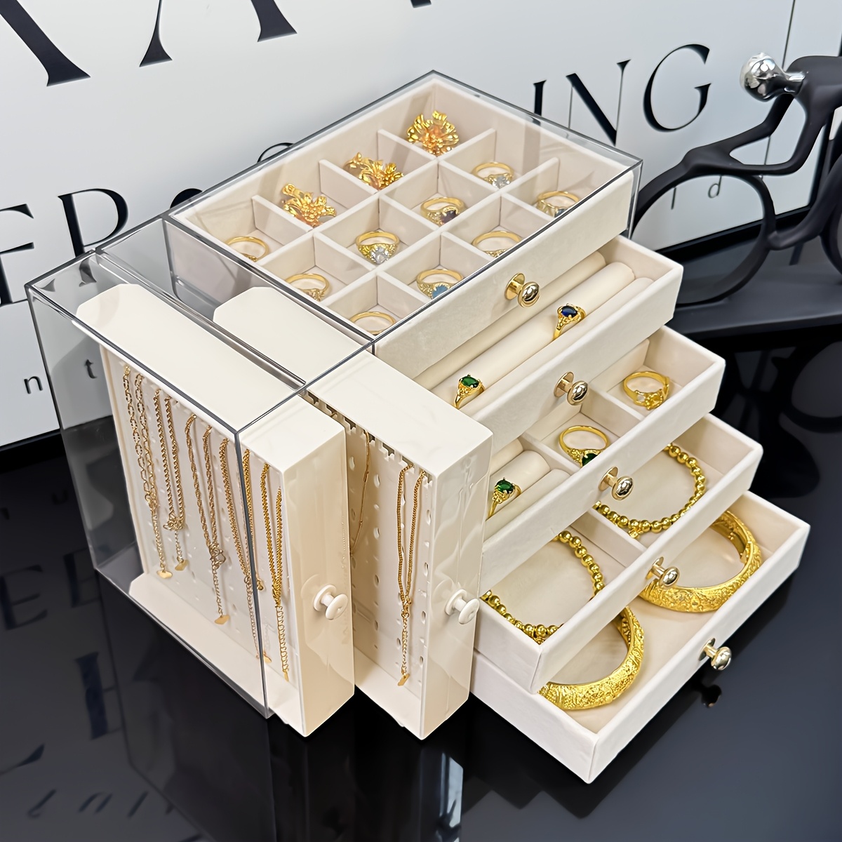 large jewelry organizer box with clear lid   storage case multiple compartments for necklaces bracelets rings earrings birthday mothers day valentines gift for women desktop organizer with secure closure jewelry box organizer polished   fabric lined interior necklace holder durable plastic birthday present jewelry boxes Product details 0