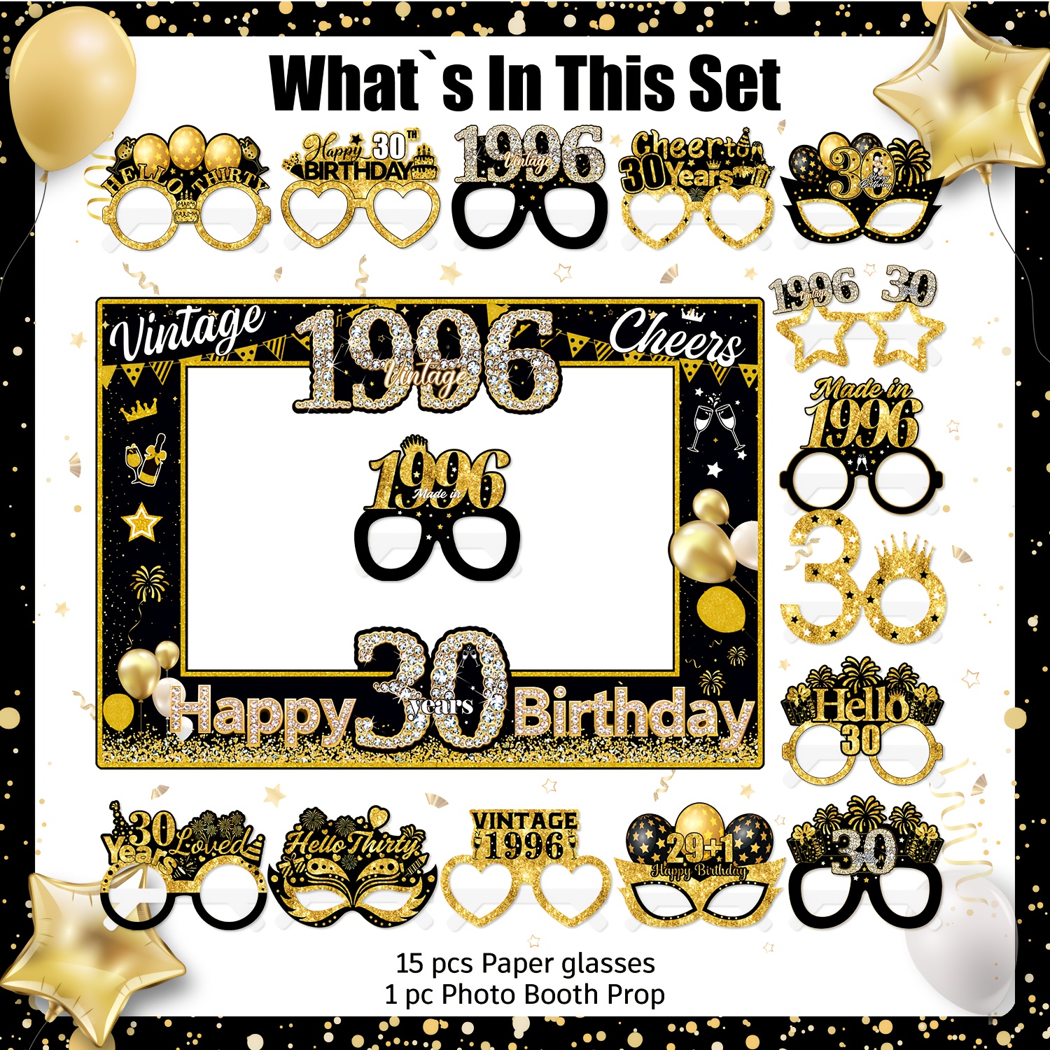 Image of 16pcs Vintage 30th Birthday Party Supplies Set | Black Frame Paper Glasses, Vintage Age Decorations With 1996 Year, For 30th Birthday Photo Decorations I Perfect For Halloween