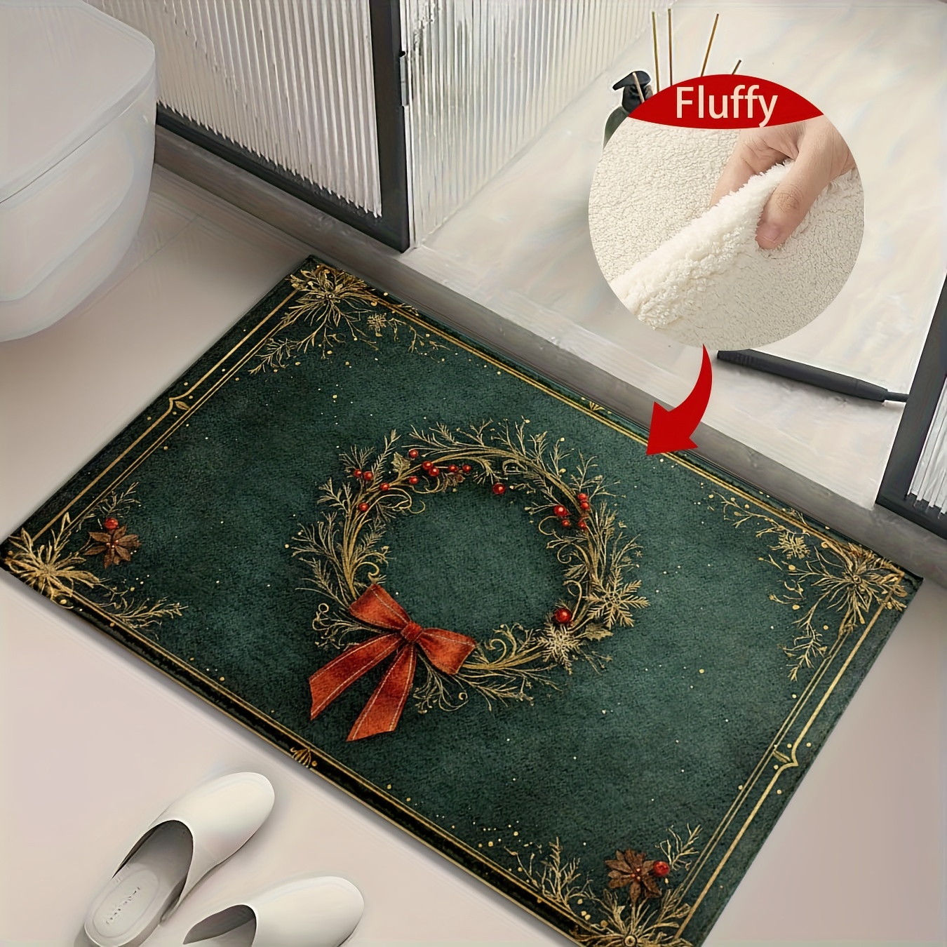 

Christmas Wreath & Bowknot Microfiber Bath Mat - -, , -dry, Washable - For Kitchen, Bathroom, Decor | , Fluffy Decor Decoration