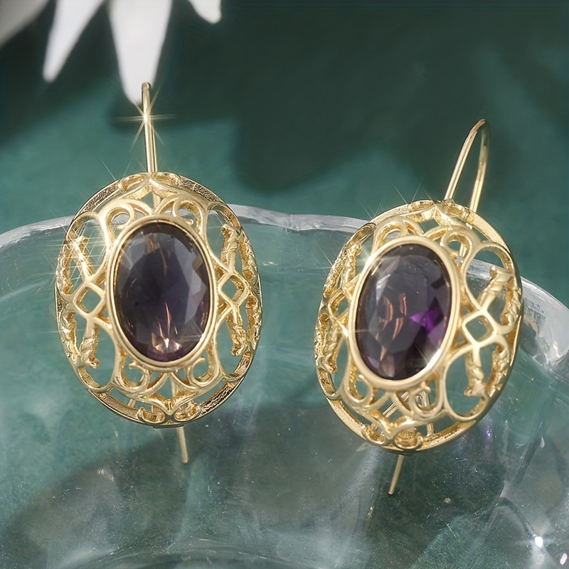 E-shop Vintage Lange Ovale Kupfer-Ohrringe mit synthetischem lila Edelstein für Damen – Elegante Verlobungs-, Hochzeits- Alltags-Ohrringe