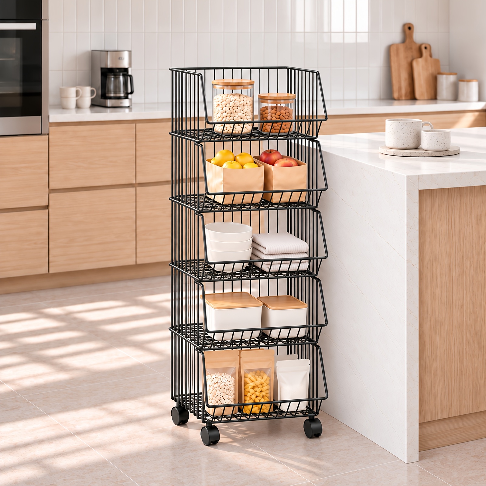 TEMU Étagère de rangement de à niveaux haute , organisateur mobile à paniers en treillis métallique, structure porteuse renforcée, solution