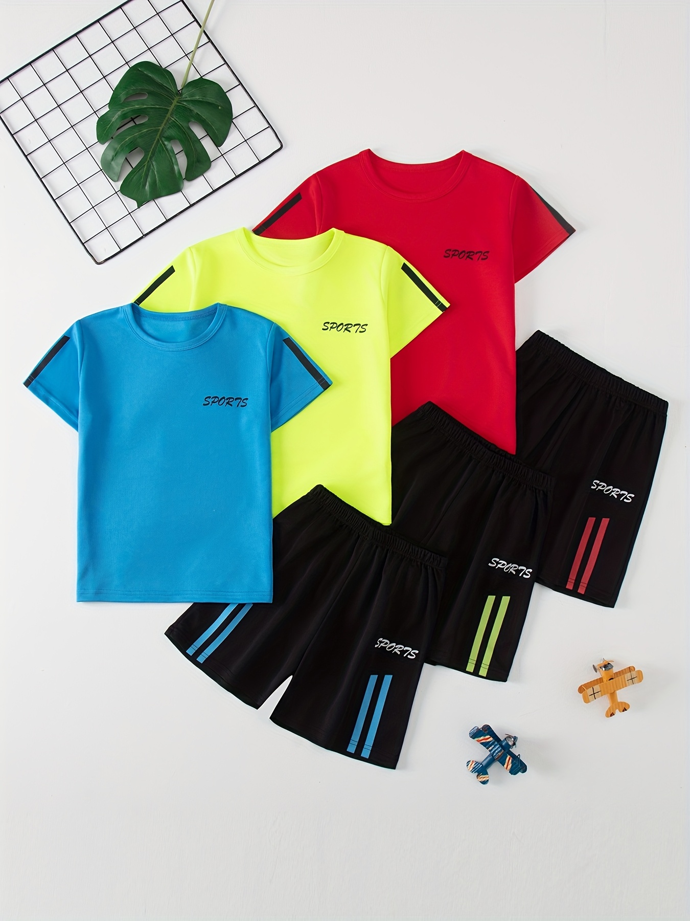 6pcs boys summer quick dry short sleeve and shorts set breathable solid   basketball soccer sports outfit   outdoor