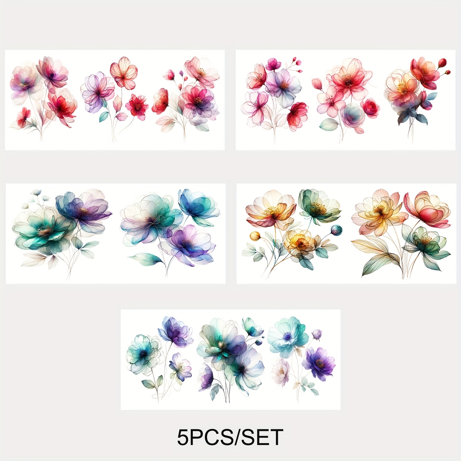 E-shop Ein Set aus 5 lebendigen Aquarell-Blumenmuster UV DTF Vinyl Transferpapieren, geeignet für glatte Oberflächen wie 16-Ounce Glasflaschen und