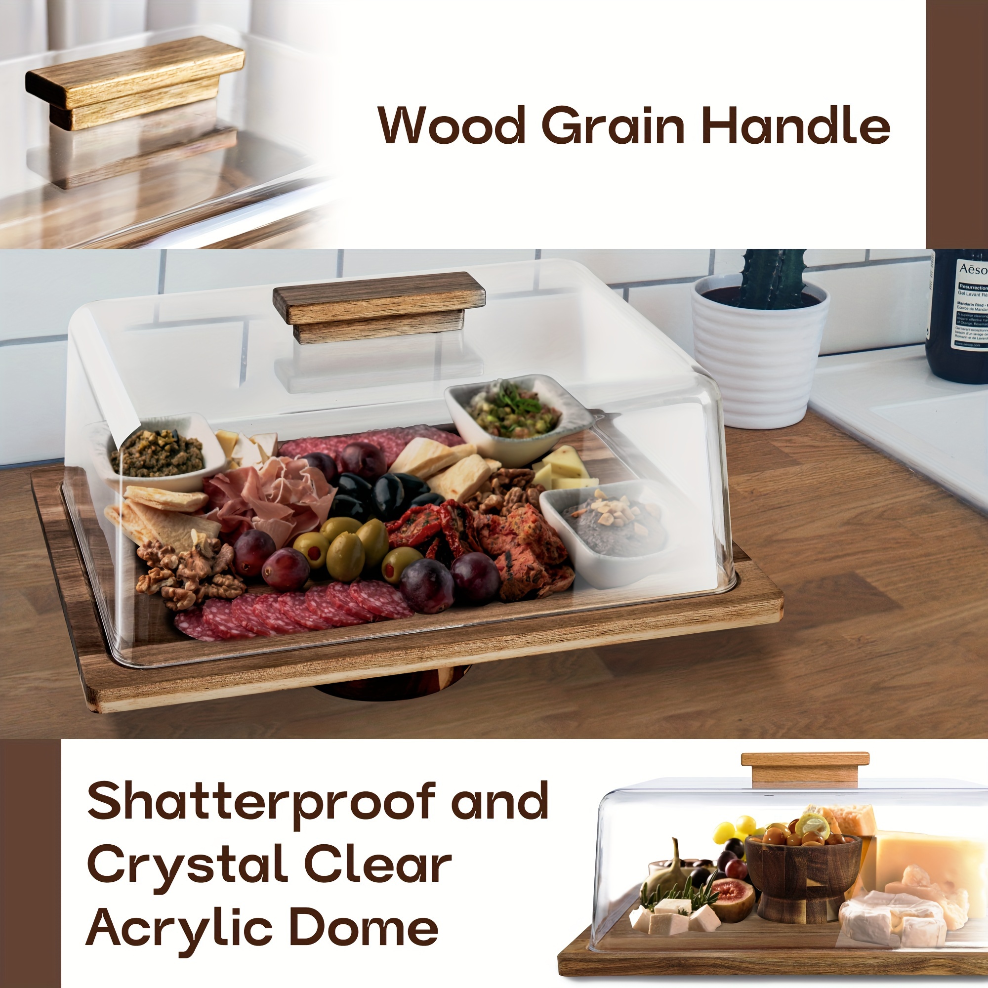 ANBOXIT Cake Stand With Dome Lid, Acacia Wood Cake Plate With Cover, Wooden Cake Display Stand With Acrylic Dome Footed