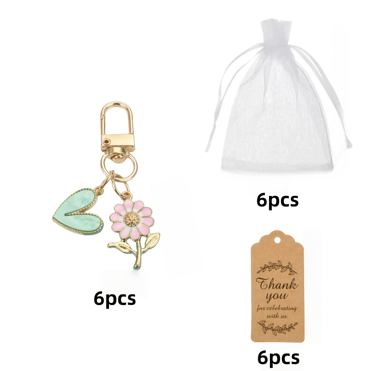 TEMU 18pcs Flower Keychain Set, With Green Heart And Pink Flower Keychain Bag Charm Headphone Decorative Ring Mother's Day Gift Making Additions