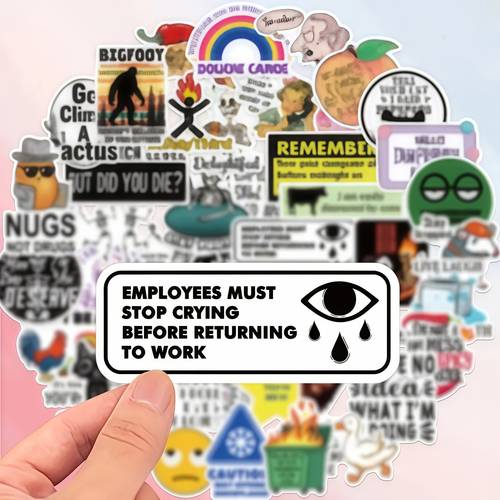 a set of 50 quirky and humorous meme stickers featuring dark humor office worker complaints and fun meme graphics designed in black and white or pastel colors with