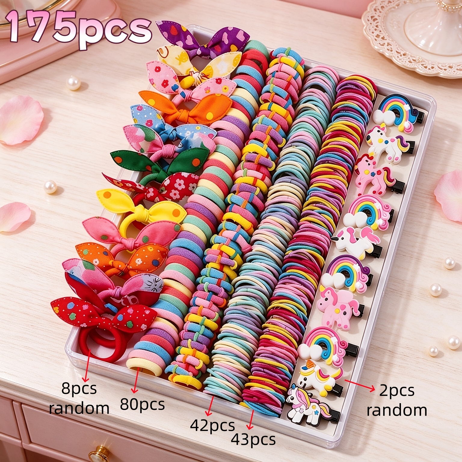 TEMU 175pcs Cartoon Hair Accessories Set | Colorful Bunny Ear Hair Ties + Hair Tie Set Combo, Suitable For Girls | Hair-friendly High-elasticity Hair