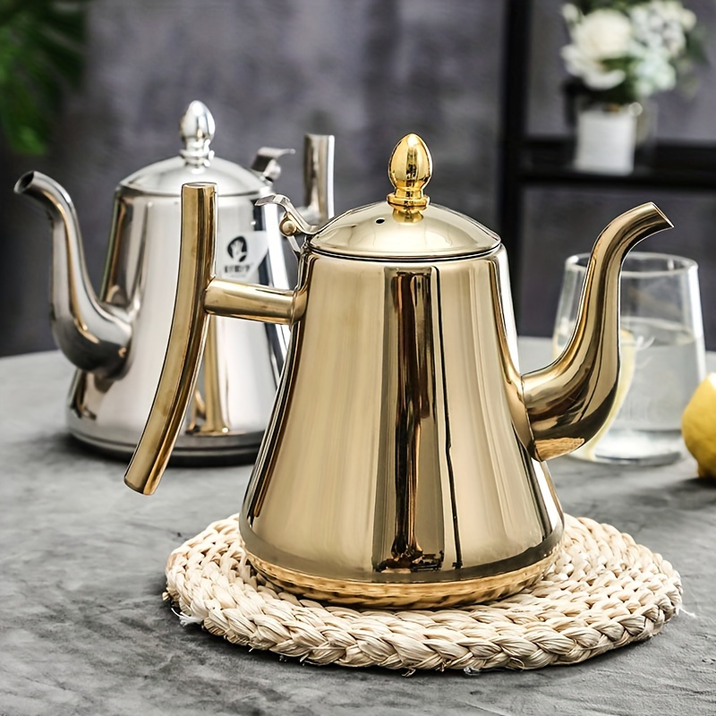 

1pc Golden Stainless Steel Tea Kettle With Built-in Filter, Induction Cooker Compatible, Premium Quality Beverage Server For Coffee & Tea Enthusiasts, Elegant Drinkware Accessory For Home Or Hotel Use