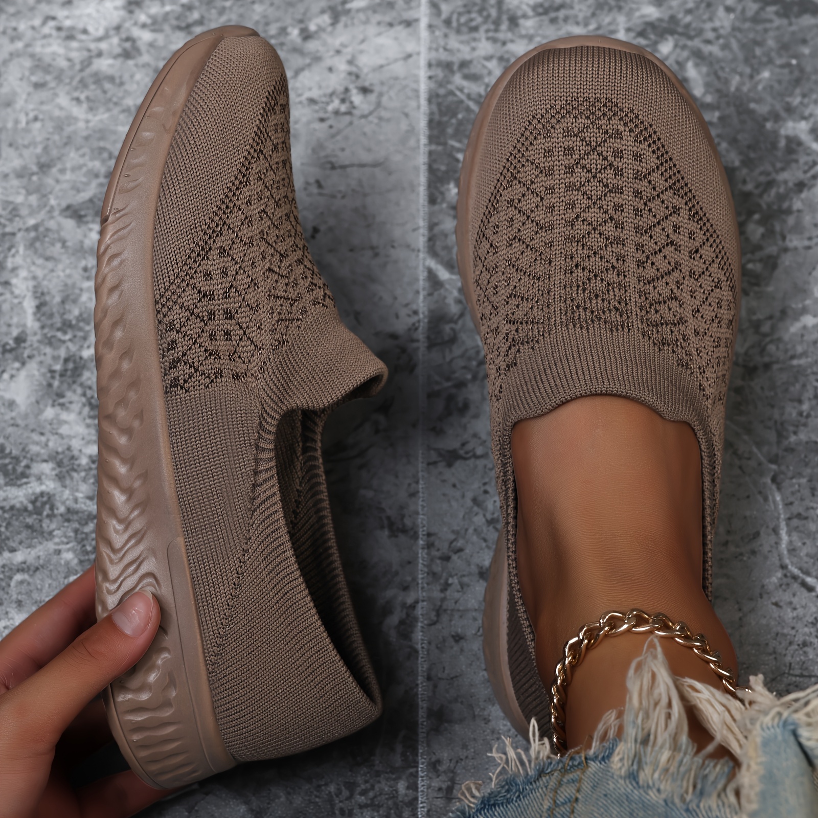 Image of Women's Slip-on Sneakers - Lightweight Breathable Shoes With Cushioned Md Sole, Minimalist Everyday Walking Shoes In Beige/ Brown For Casual & Formal Outfits, , Flexible Sole, Fashionconscious Women