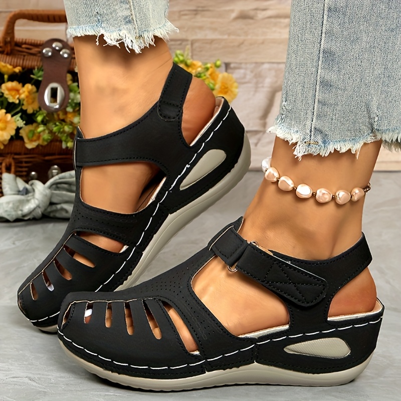ladies leisure wedge sandals white synthetic cover middle heel with round head hollowed out design breathable and comfortable wear easy to and close durable pu sole fashion versatile shoes and lace up sandals details 2
