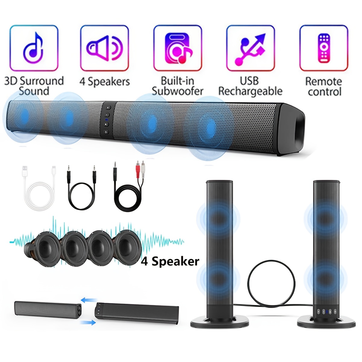 2-in-1   & subwoofer home theater system with wireless, usb/tf/aux/fm/rca  , built-in 2000mah battery, 4.1 channel surround sound, compatible with tv, computer, smartphone, game console, dvd player - easy setup, remote control included, bass enhancement,  , durable construction,   audio, movie enthusiasts, music lovers 0