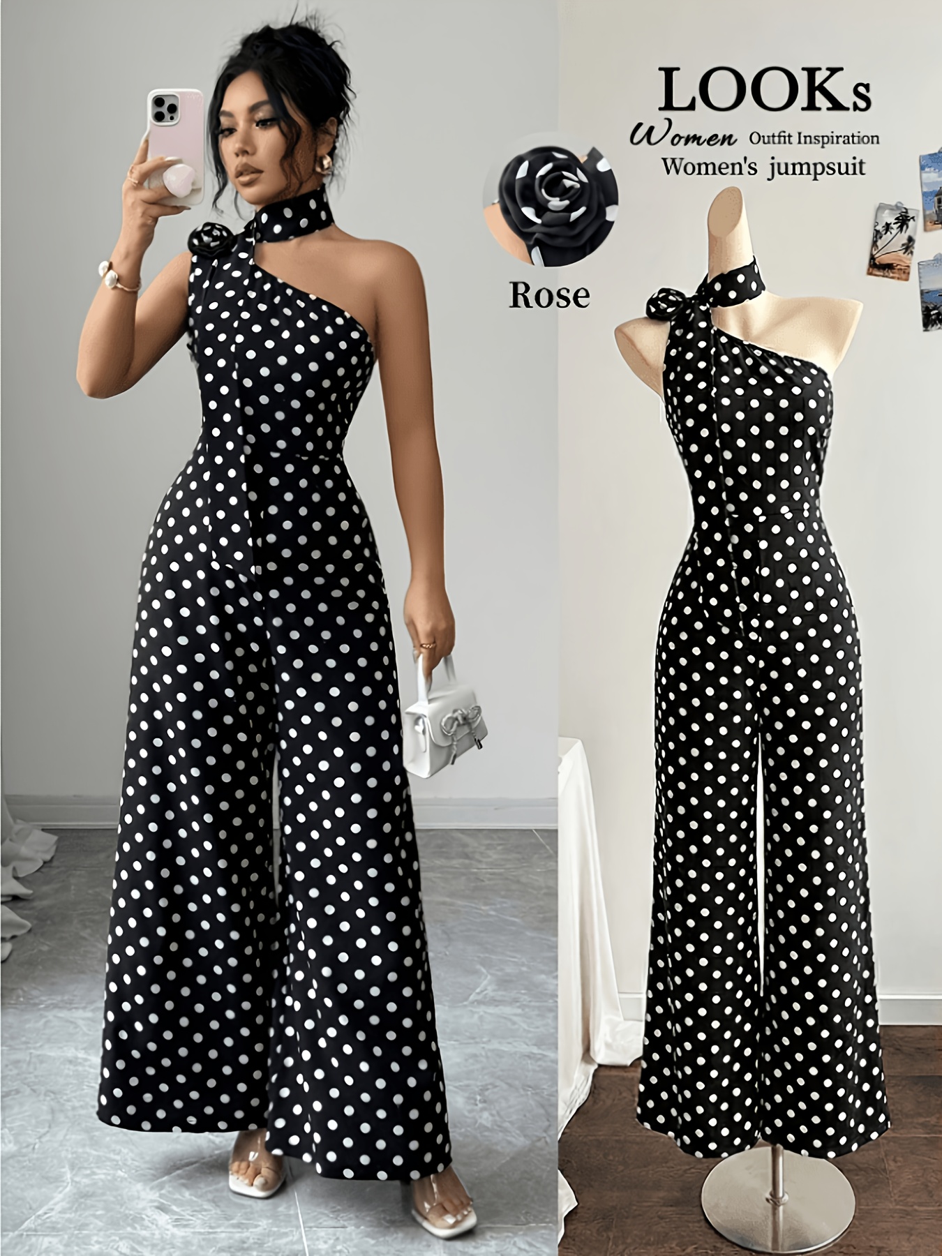 womens elegant casual black polka dot asymmetric collar rose embellished sleeveless   fit jumpsuit spring summer style