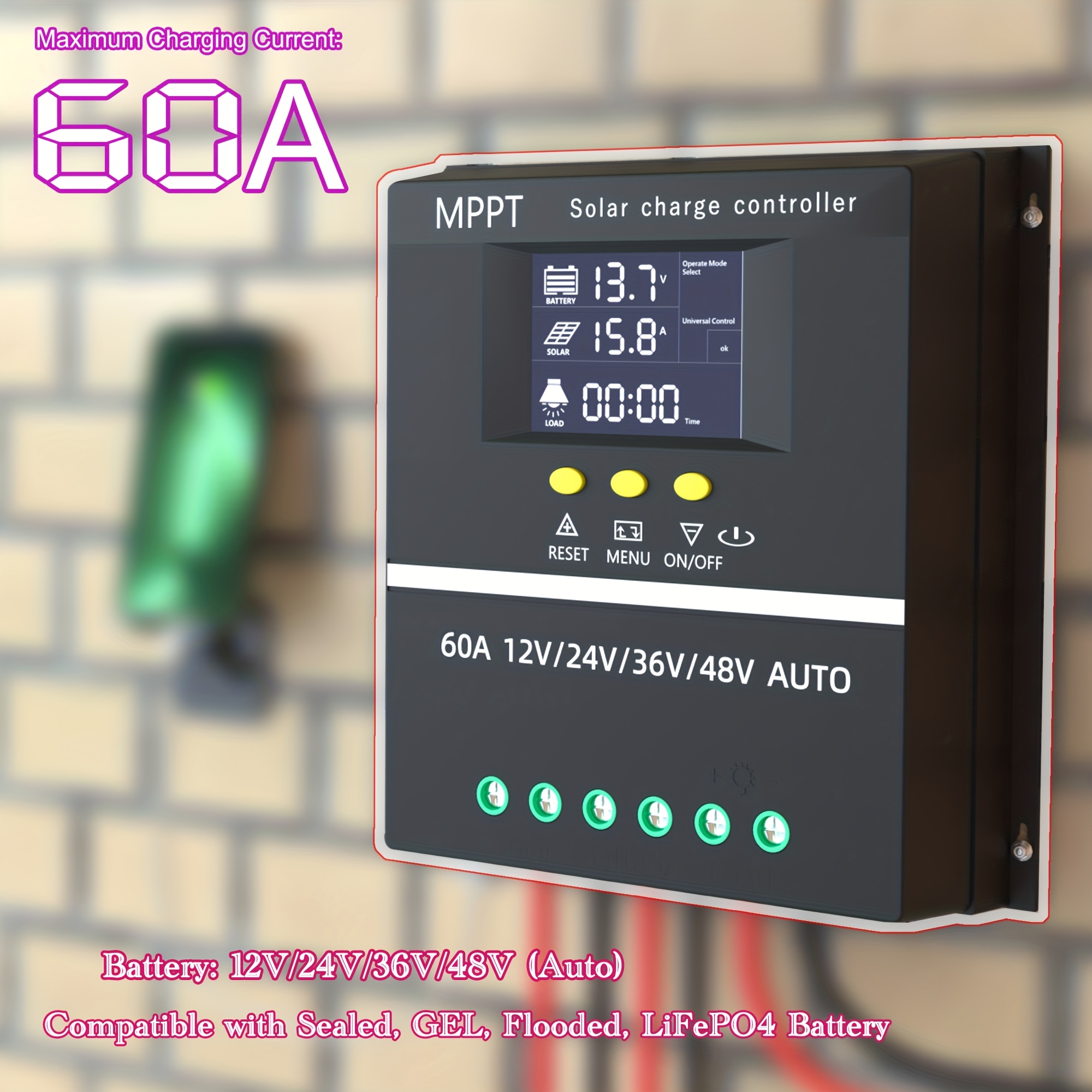 item picture max 4800w 100a 60  charge controller mppt 12v 24v 36v 48v auto sensing fast charging dual usb 7   lcd display   heat dissipation for lead acid lifepo4 batteries