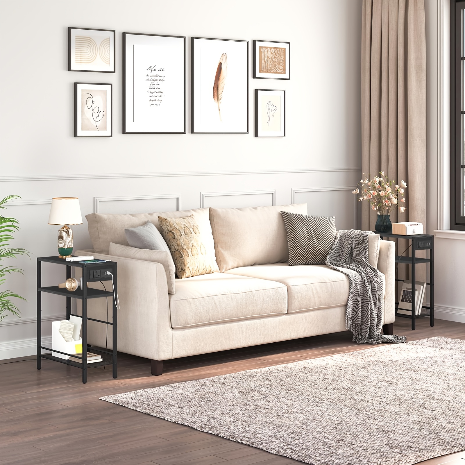 Slim Side Table with Charging Station, Narrow End Table for Small Spaces